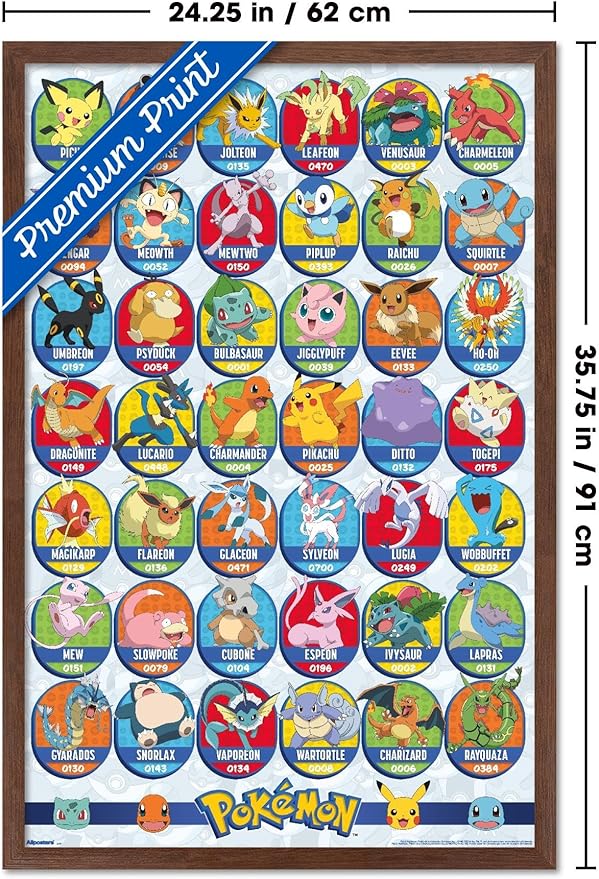 Pokémon: All-Time Favorites - Grid Wall Poster, 34L" x 22.4W", Mahogany Framed Version