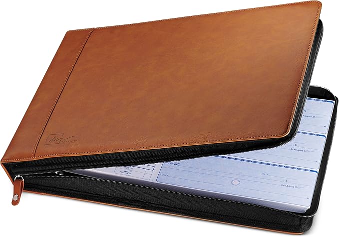 Inkline 7 Ring Check Binder Portfolio -Professional PU Leather Binder with Zippered Closure -500 Check Capacity -9x13 Inch Sheets -Document & Card Organizer -Large Tablet Pocket - Brown (80006)