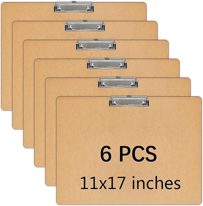 6 PCS Extra Large 11X17 Clipboard, Wood Cleats with Low Profile Clips for Drawing, Sketching, and Art Boards, Horizontal Wood Lapping, Landscape Layout (3Mm Thickness)