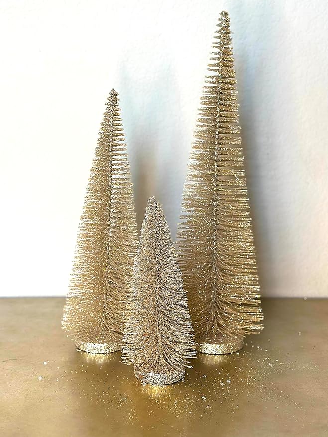 RAZ Imports Set of 3 Bottle Brush Trees – 17”, 14”, 9” Modern Christmas Holiday Winter Décor – Glittery Tabletop Mini Trees for Home Office Shelf Desk Mantel Fireplace Decoration (Gold Glittered)