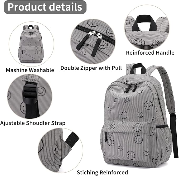 Backpack for Girls Boy Teen Corduroy Bookbags Elementary Middle High School Women Laptop Bag with Lunch Box Pencil Bag (Smile Grey)