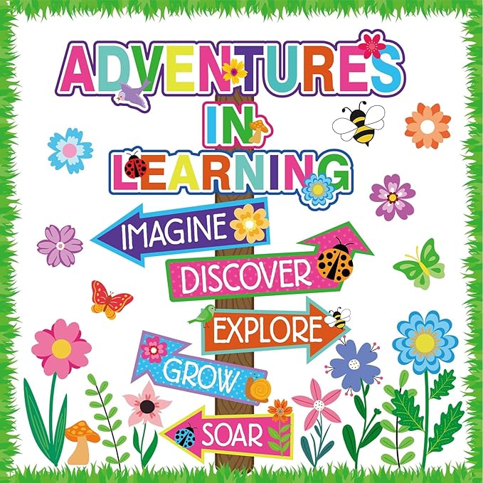 56 Spring Piece Adventures in Reading Bulletin Board Classroom Decoration Flower Signpost Paper Cutouts Supplies Colorful Floral Bulletin Board Decorations for Spring Classroom Wall Door Flower Decor