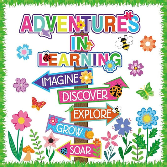 56 Spring Piece Adventures in Reading Bulletin Board Classroom Decoration Flower Signpost Paper Cutouts Supplies Colorful Floral Bulletin Board Decorations for Spring Classroom Wall Door Flower Decor