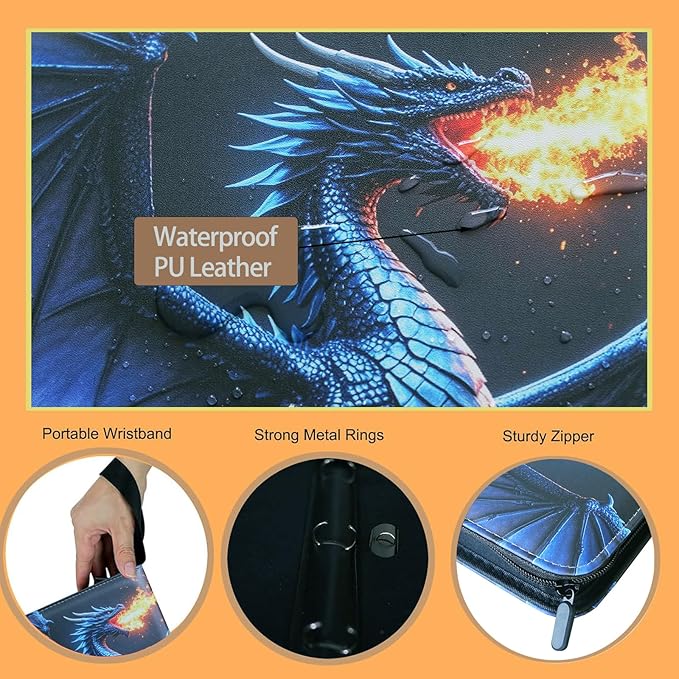 Deluxe Blue Dragon Trading Card Binder – 4-Pocket Zipper Binder with 400 Pockets – Card Album for Standard Size Trading Cards, Great for Collectors and Hobbyists