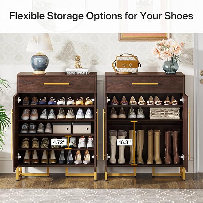 Tribesigns Shoe Cabinet with Doors, 20 Pairs Shoe Storage Cabinet with Drawer for Entryway, Modern Shoe Rack Organizer with Adjustable Shelves for Hallways Bedroom Living Room, Walnut & Gold