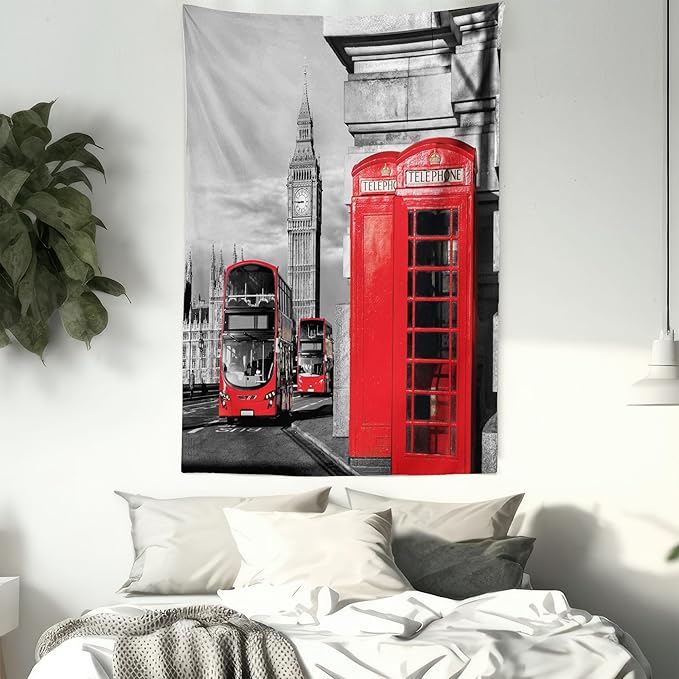 Ambesonne London Tapestry, London Telephone Booth in the Street Traditional Local Cultural England UK Retro, Wall Hanging for Bedroom Living Room Dorm Decor, 60" X 80", Red Grey