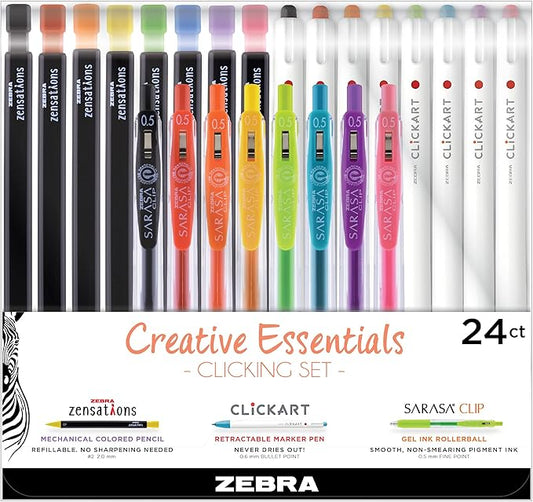 Zebra Pen Creative Essentials Clicking Set 24-Pack, Includes 8 CLiCKART Markers, 8 Colored Pencils and 8 Sarasa Clip Retractable Gel Pens, Assorted Ink Colors, Ideal For Bullet Journaling (76124)