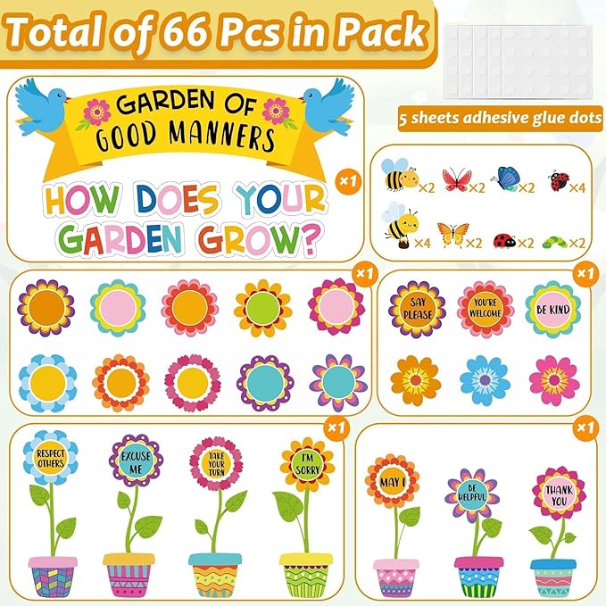 Large Spring Bulletin Board Flowers Decorations Classroom Garden of Good Manners Positive Bulletin Board Set Spring Butterfly Flowers Bee Cutouts Wall Decals for Teachers Classroom School Kids Decor