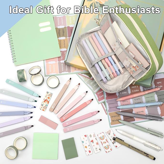 54Pcs Bible Study Supplies, Bible Journaling Kit with Pencil Case, Notebook, No Bleed Highlighters and Pens, Laminated Tabs & More, Note Taking Supplies, Valentines Day Gifts for Women,Green