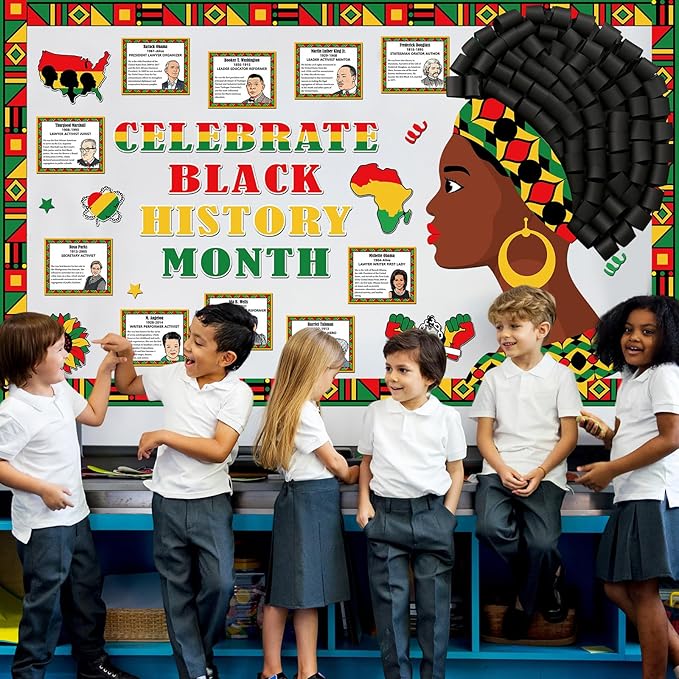 3D Black History Month Bulletin Board Set Famous African American Classroom Decoration Motivational Cutouts Black History Bulletin Board Border for School Classroom Home Party Chalkboard Wall Decor