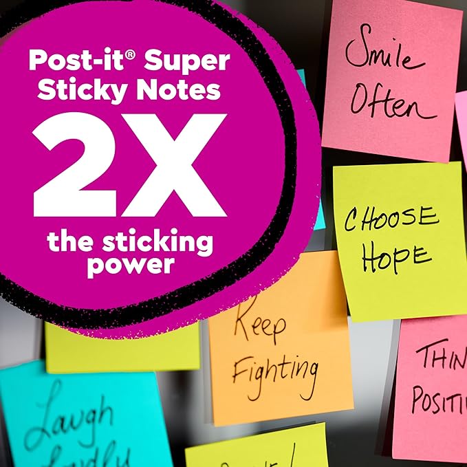 Post-it Super Sticky Notes, 5 Sticky Note Pads, 3 x 3 in., School Supplies, Office Products, Sticky Notes for Vertical Surfaces, Monitors, Walls and Windows, Black Onyx