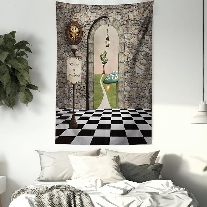 Ambesonne Alice in Wonderland Tapestry, Welcome Wonderland Black and White Floor Landscape Mushroom Lantern, Wall Hanging for Bedroom Living Room Dorm, 60" X 80", Stone Black