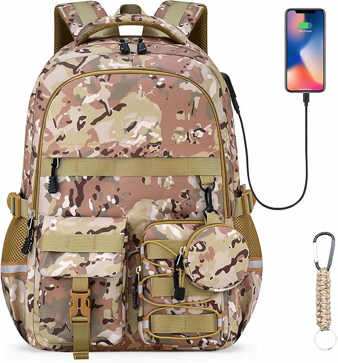 School Backpack for Boys - Camo Boys Backpack for Kids Teens Elementary, Middle & High School Bookbag Daypack with Camouflag Design,18″ Large Capacity with Usb Charging Port & Key-chain