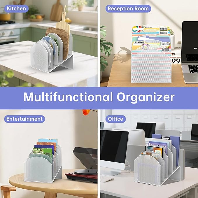 5-Section Desk File Organizer, Vertical File Organizer for Desk, Mesh Mail Holder for Letter Size Folders, White