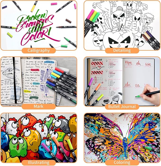 Art Markers Brush Pen, Markers for Adult Coloring Books No Bleeding,32 Colored Pens Fine Point Highlighter Pen & Brush for Adult Coloring Journaling Note Taking Planner