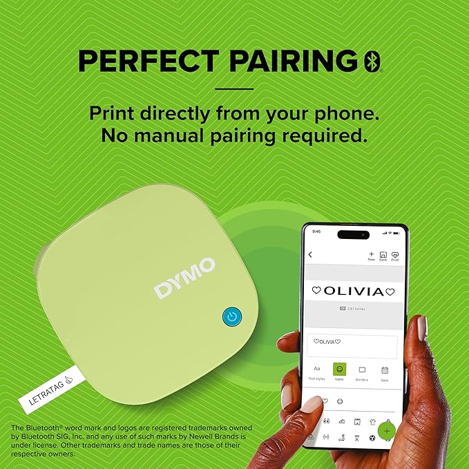 DYMO LetraTag 200B Bluetooth Label Maker, Compact Label Printer, Connects Through Bluetooth Wireless Technology to iOS and Android, Includes 1 White Paper Label Tape, Pistachio Yellow
