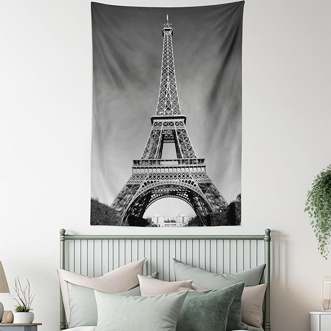 Ambesonne Eiffel Tower Tapestry, Paris Landmark Monochrome Picture of Cityscape European Urban Famous Place Image, Fabric Wall Hanging Decor for Bedroom Living Room Dorm, 23" X 28", Grey