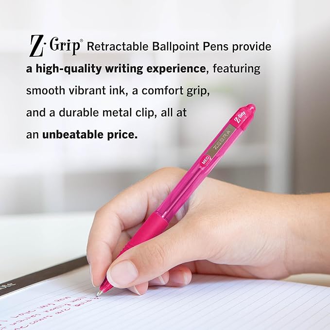 Zebra Pen Z-Grip Retractable Ballpoint Pen, Smooth-Flowing Assorted Fashion Colors, 1.0mm Medium Point, School & Office Supplies, Ideal for Note-Taking, Journal and Planner Use, 24-Pack (12223)