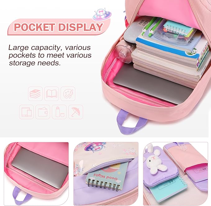 Girls Backpack Set, 3PCS Kids Backpack for Girls, Kawaii Bunny School Backpacks for Girl Kindergarten Elementary Preschool Middle School Bags with Lunch Box Pencil Case Pink