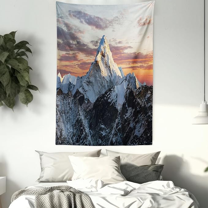 Ambesonne Mountain Tapestry, Evening South High Hill Above the Sky Colorful Nepal Everest Photo, Fabric Wall Hanging Decor for Bedroom Living Room Dorm, 30" X 45", Bluegrey Salmon