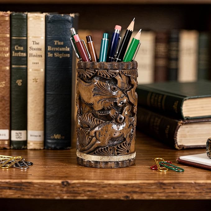 Craft Trade Hand Carved Wood Pen Holder for Desk Organizer for Home School Office Pencil Cup Pot Storage Box Suitable for Stationery - Natural Wood
