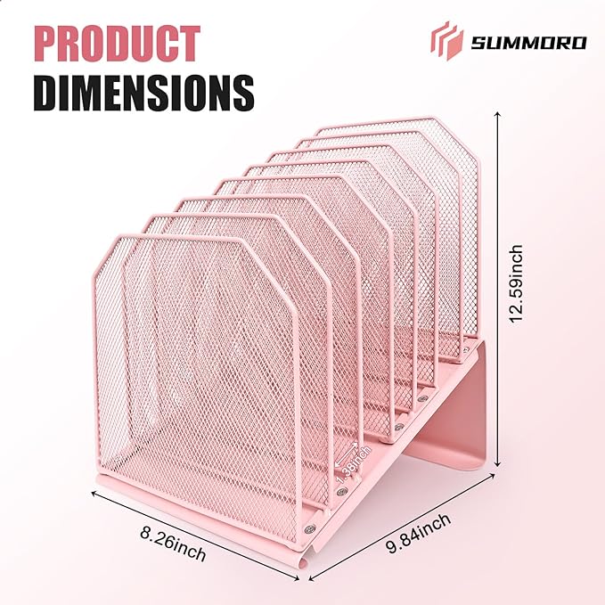 Inclined File Organizer for Desk, 7-Tier Vertical File Folder Holder Office Desk Organizer Metal Rack File Wire Mesh Desktop Document Sorter for Office School Classroom Home (Pink)