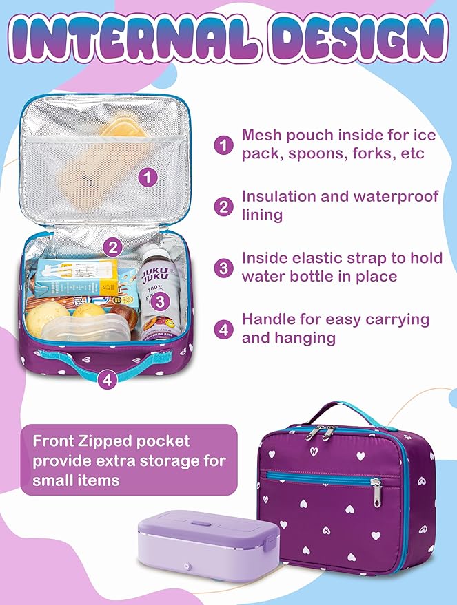 BLUEFAIRY Kids Backpack with Lunch Box for Girls Boys Elementary Primary Middle School Bag with Lunch Bag Set 17 Inch Bookbag Mochilas Escolares para Niñas Niños (Hearts, Purple)