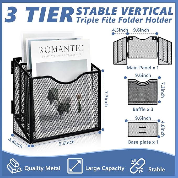 Vertical Triple File Folder Holder Magazine Holder Wall Mount & Desktop 3 Tier Vertical Desk Organizer Pocket File Holder Sorter Magazine Storage Rack For Office Home Organization Wall Door
