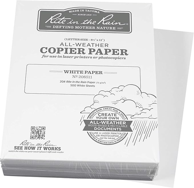 Rite in the Rain Weatherproof Bulk Copier Paper, 8.5" x 11", 20# White, 500 Sheet Pack (No. 208511X)