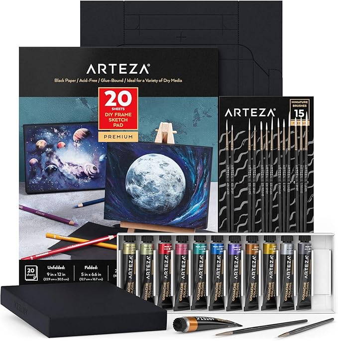 ARTEZA Metallic Gouache Paint Set with Black Canvas Paper, Includes 12 Gouache Colors, Foldable Canvas, DIY Art Kit for Artists & Beginners