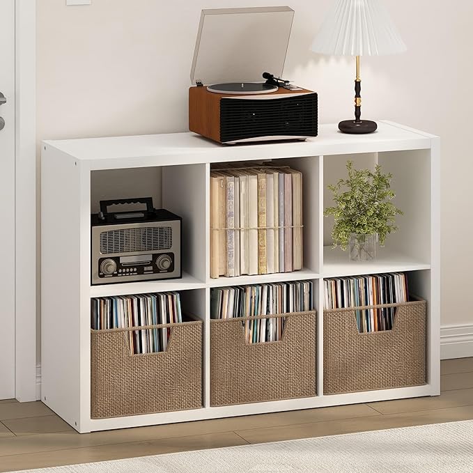 Furinno Cubicle Record Player Stand with Vinyl Storage, 6-Cube 1.2 Extra Thick Vinyl Record Storage, Open Back Media Shelf for CD DVD Blueray Game Disc, for Living Room, Home Office, White