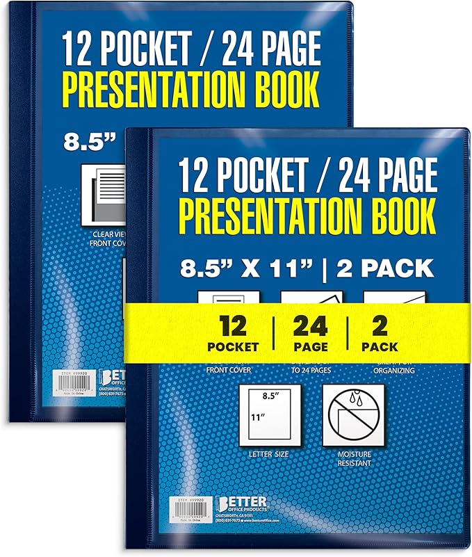 Better Office Products 12 Pocket Bound Presentation Book, Blue, Clear View Front Cover, 24 Sheet Protector Pages, 8.5" x 11" Sheets, Art Portfolio, Durable Poly Covers, Letter Size (2 Pack)