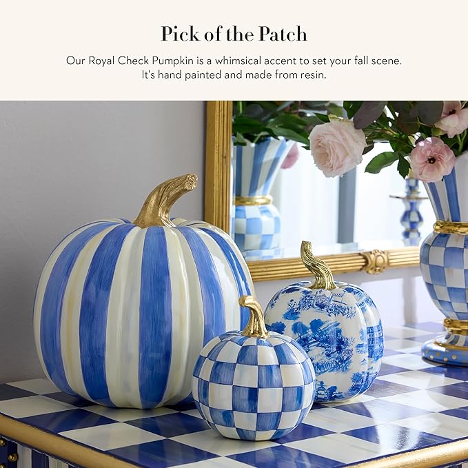 MACKENZIE-CHILDS Mini Pumpkin, Resin Halloween Home Decor, Blue-and-White Royal Check
