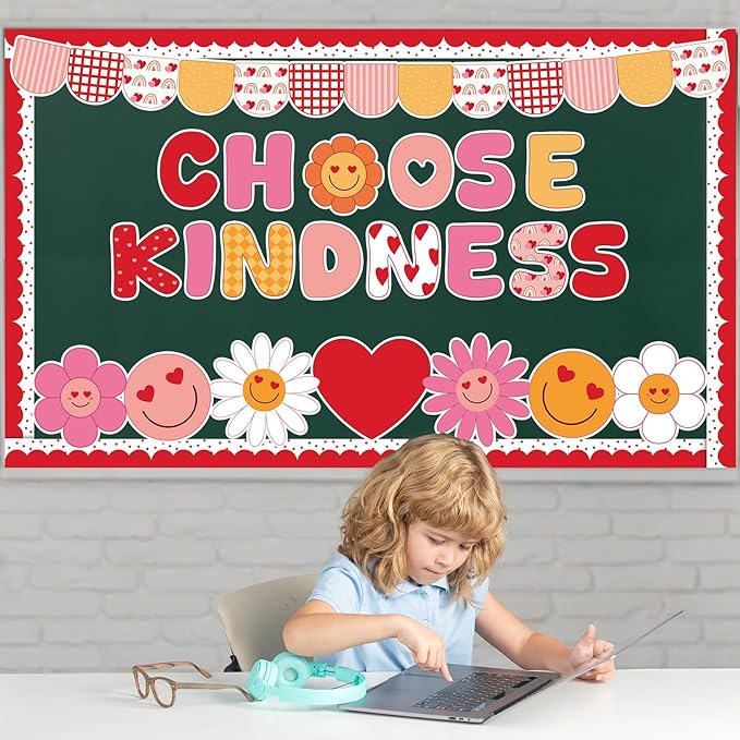 Valentine's Day Kindness Classroom Bulletin Board Decoration Set Heart Smile Face Cutouts with Borders for Valentine's Day Nursery Chalkboard Wall Decor
