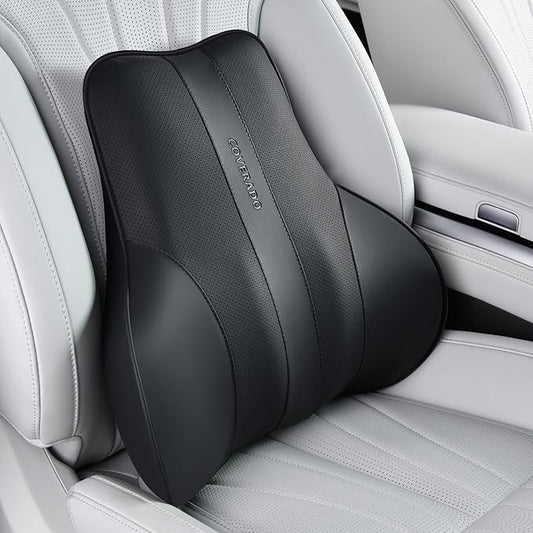 Coverado Lumbar Support Pillow for Car, Ergonomic Memory Foam Back Pillow for Office Chair, Back Cushion for Back Pain Relief, PU Leather Car Lumbar Support for Driving Seat - Black