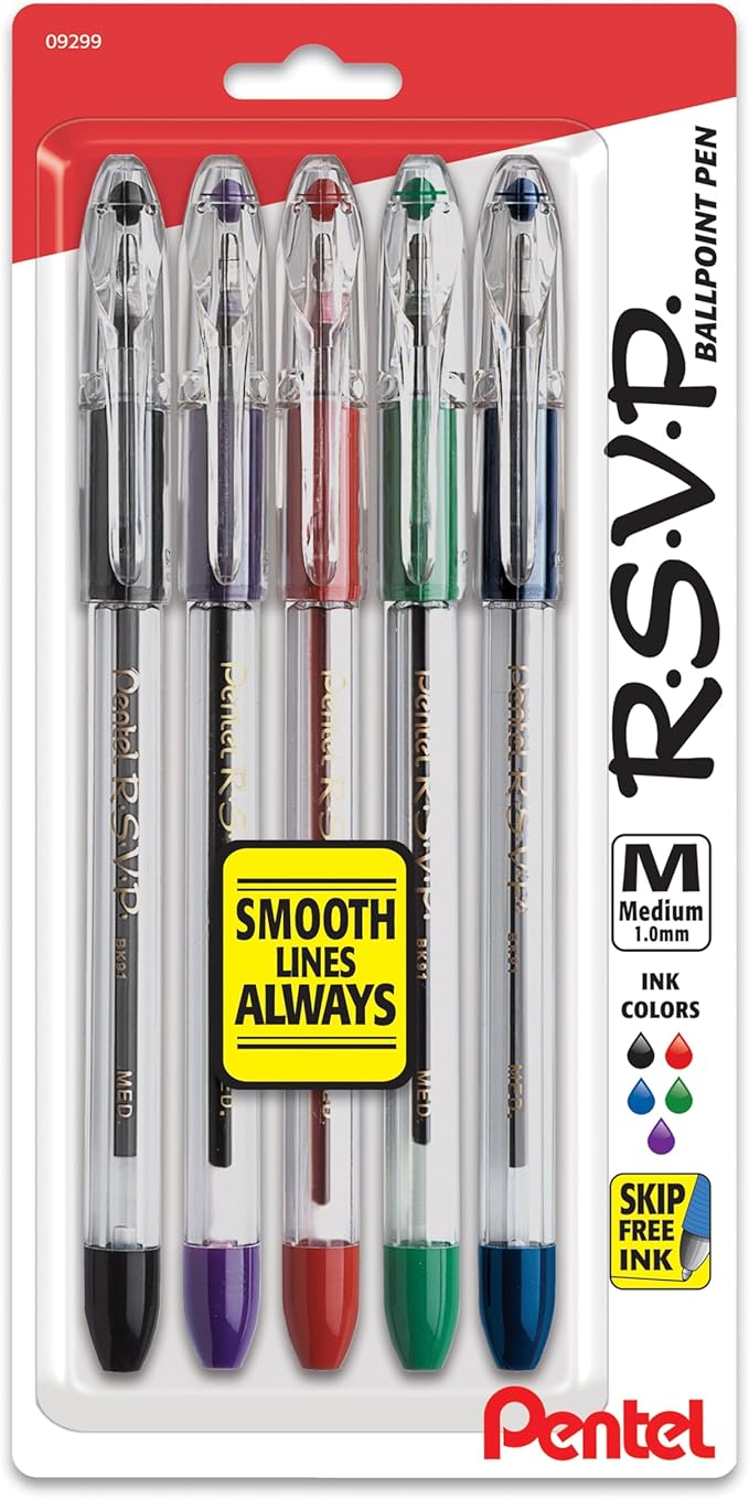 Pentel RSVP Ballpoint Pen, (1.0mm) Medium Line, Assorted Ink (BK91BP5M) (Pack of 1, 5 Count Total)