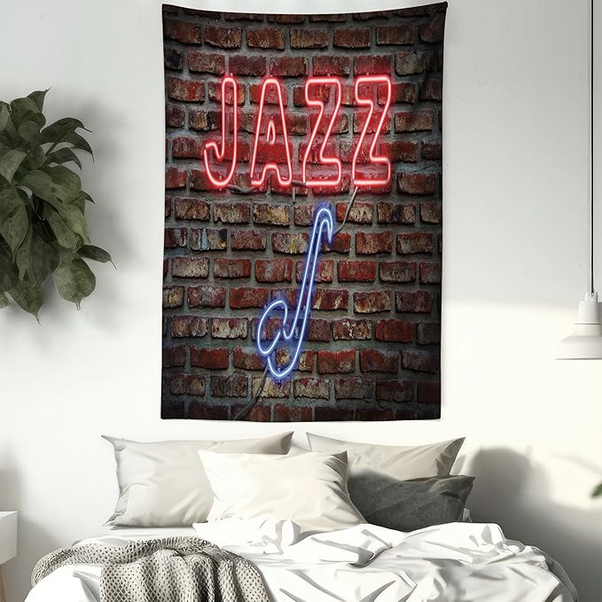 Ambesonne Music Tapestry Queen Size, Image of Alluring Neon All Jazz Sign Saxophone Instrument on Brick Wall Print, Wall Hanging Bedspread Bed Cover Wall Decor, 88" X 88", Red Blue
