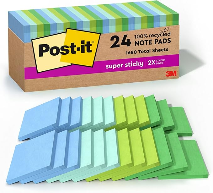 Post-it 100% Recycled Paper Super Sticky Notes, 3 in. x 3 in., 24 Pads, 70 Sheets per Pad, Oasis Collection, School Supplies and Office Products
