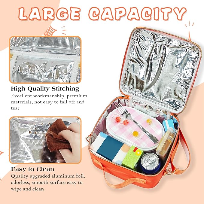 Insulated Lunch Bag Women Lunch Box Kids for Teen Girls Boys, Cute Preppy Lunch Boxes With Adjustable Shoulder Strap, Waterproof Nylon Lunchbox Lunch Bags for School Work Picnic (Orange)