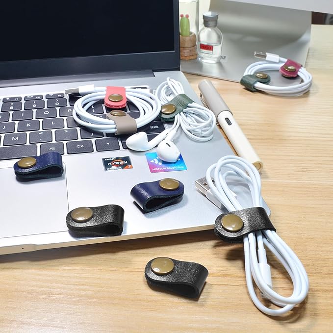 CAILLU Cord Organizer,Cord Keeper,Cable Organizer USB Holder,Cable Straps,Earbud case,wrap Headphone,Headset Winder,Earphone Clips Ties,Stocking Stuffers for Men Gifts Leather (Brown/Black)