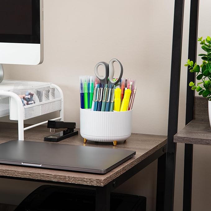 Mind Reader Rotating Pen Cup, Accessory Holder, Desktop Organization, Office, Plastic, 5.75" L x 5.75" W x 4.75" H, White