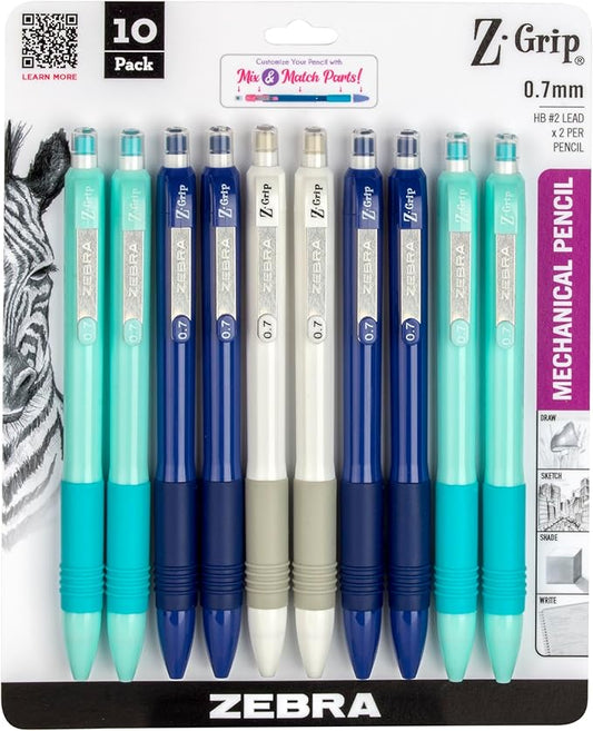 Zebra Pen, Z-Grip Mechanical Pencil, Smooth Writing, Latex-Free Grip, 0.7mm Lead, #2 HB, Pre-Loaded with Lead and Eraser, for School, Office, Everyday Use, Assorted Blue Barrels, 10-Pack, (50610)