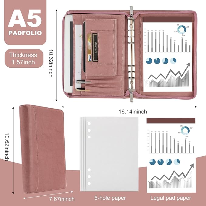 KISSKI Personalized Pink Portfolio for Women, Free Logo Custom, A5 Planner Binder 6 Ring Padfolio Organizer Folio, Engraved Gifts for Mom, Grandmam, Wife, Daughter, Handmade Customized Gifts