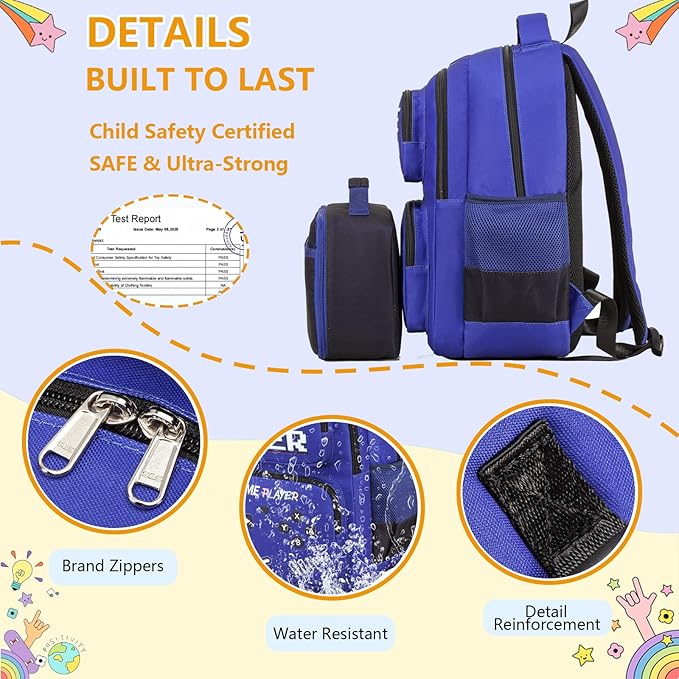 Kids Backpack Boys Gamer Backpack with Lunch Box Kindergarten Elementary Middle School Travel Sport Gaming Bookbag for Boys Girls Ages 4-14, Gamer Blue