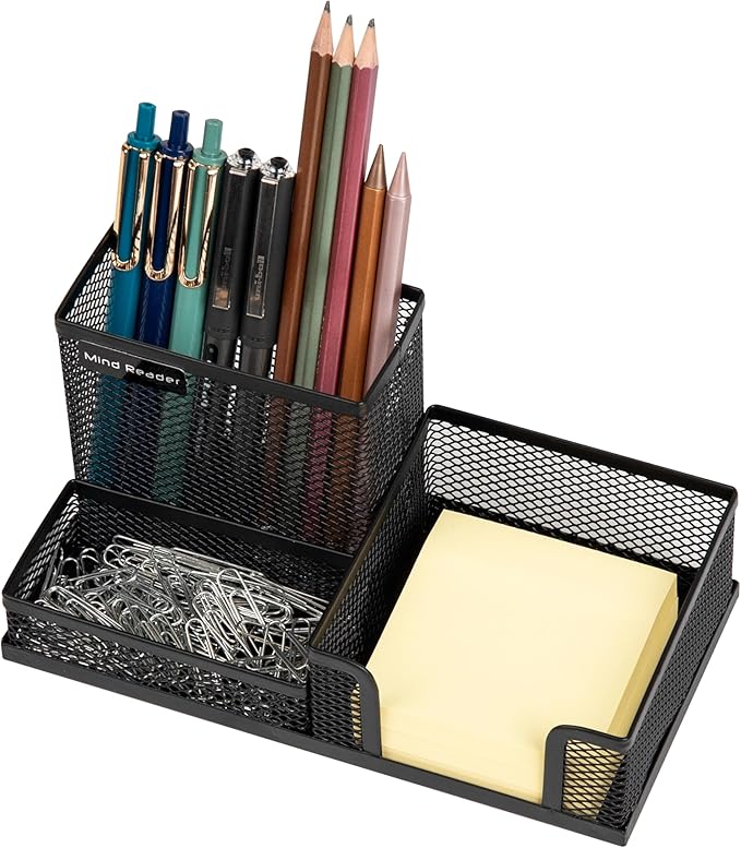 Mind Reader Desktop Organizer, Pen Holder, Clip Basket, Storage, Office, Metal Mesh, 8.07"L x 4.13"W x 3.94"H, Black