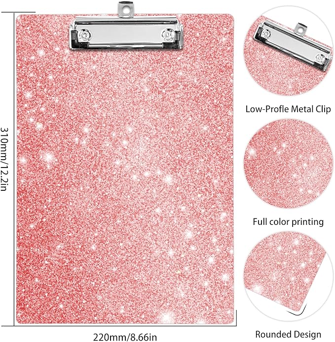 Plastic A4 Clipboards, Cute Fashion Clipboard Decorative, 12.2" x 8.7" Standard A4 Size Clipboards, Plastic Acrylic Clipboard for Teacher, Social Worker, Students,Women, Office Supplies (Flash Pink)