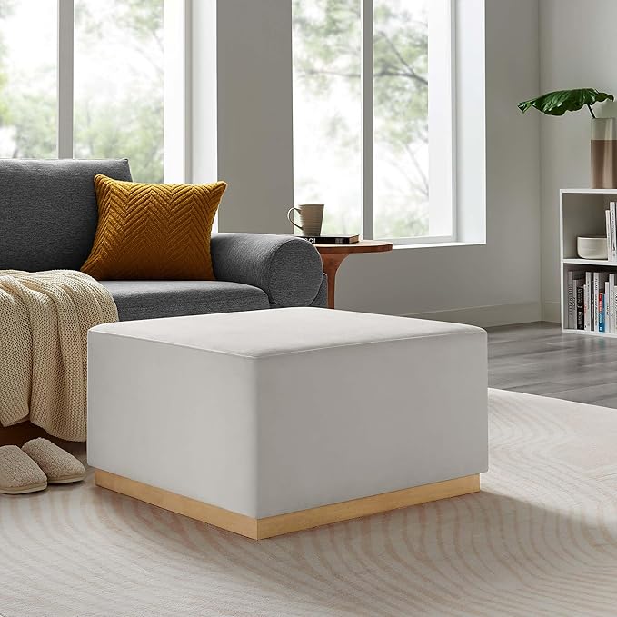 Modway Tilden 28 Inch Square Performance Velvet Upholstered Ottoman in Alabaster Natural - Large Ottoman Foot Rest with Rubberwood Plinth Base, Living Room Ottoman Coffee Table - Velvet Ottoman Table