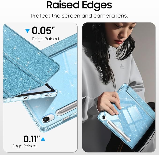 Fintie Slim Case for Samsung Galaxy Tab S10 Lite/ S10 FE/ S9 FE 5G 10.9 Inch/Tab S9 11 Inch with S Pen Holder, Glittering Sparkly Shockproof Cover with Shiny Clear Back Shell, Auto Wake/Sleep, Blue