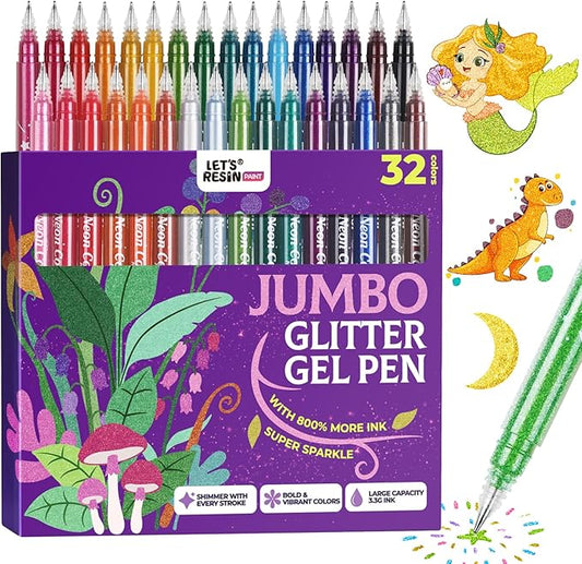 LET'S RESIN PAINT Jumbo Glitter Gel Pen Set,32 colors Metallic Shimmer Glitter Pens for Adult Coloring Books, Scrapbooking,Greeting Cards,DIY Crafts,Capped Sparkly Pens, Non-Toxic & Smooth