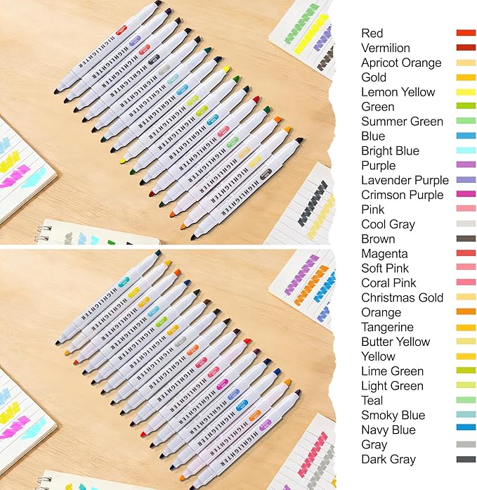 ZWlOT 30 Count Dual-Tip Highlighter Marker Set, Highlighters Assorted Colors, Quick-Drying Dual-Tip Fine-Point Highlighter Pen, Non-Bleeding Ink, Ideal for Bible Journals, Books and Notes (30 colors)